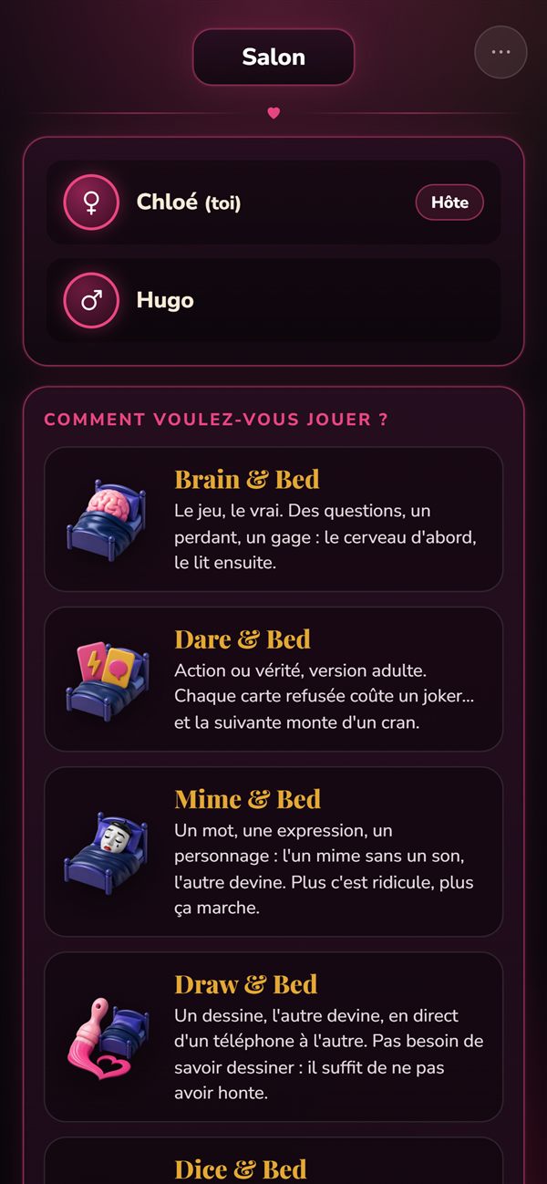 Le choix du mode : Brain & Bed, Draw & Bed, Mime & Bed, Dice & Bed…