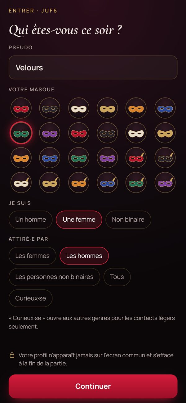 Le profil : pseudo, masque, genre et attirances