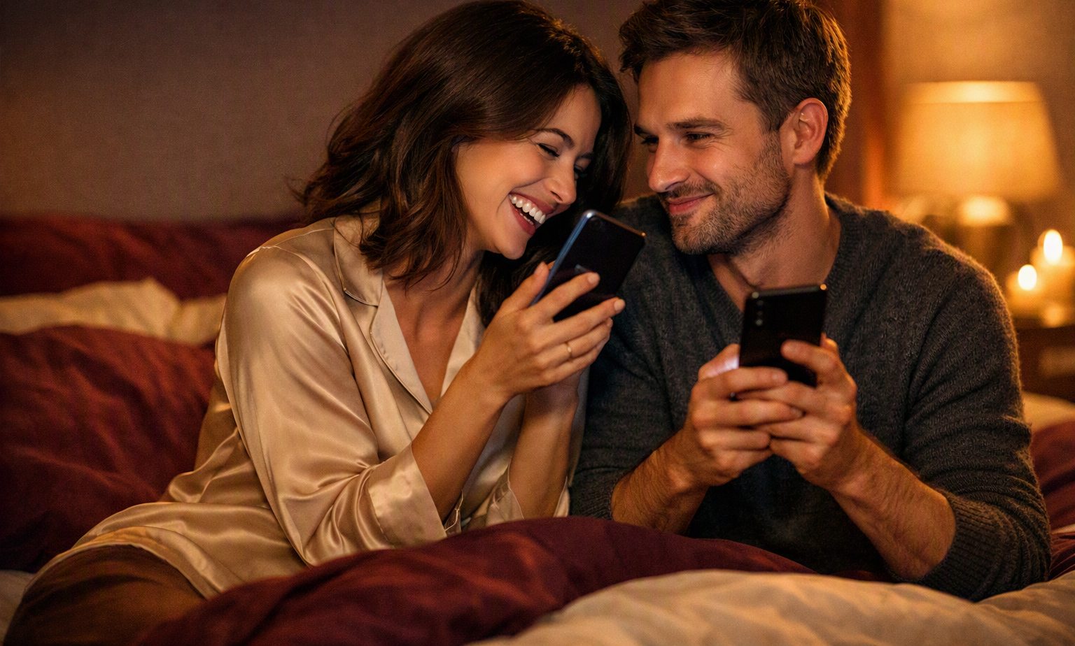 Un couple rit au lit, chacun son téléphone en main, à la lumière des bougies