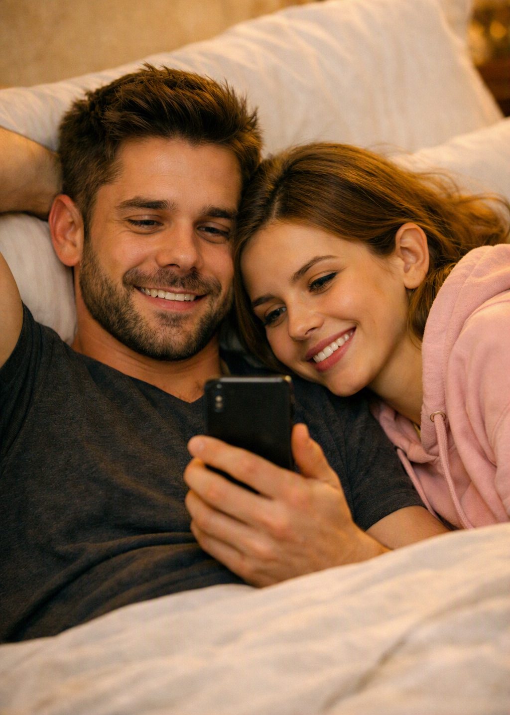 Un couple blotti dans son lit sourit devant un téléphone