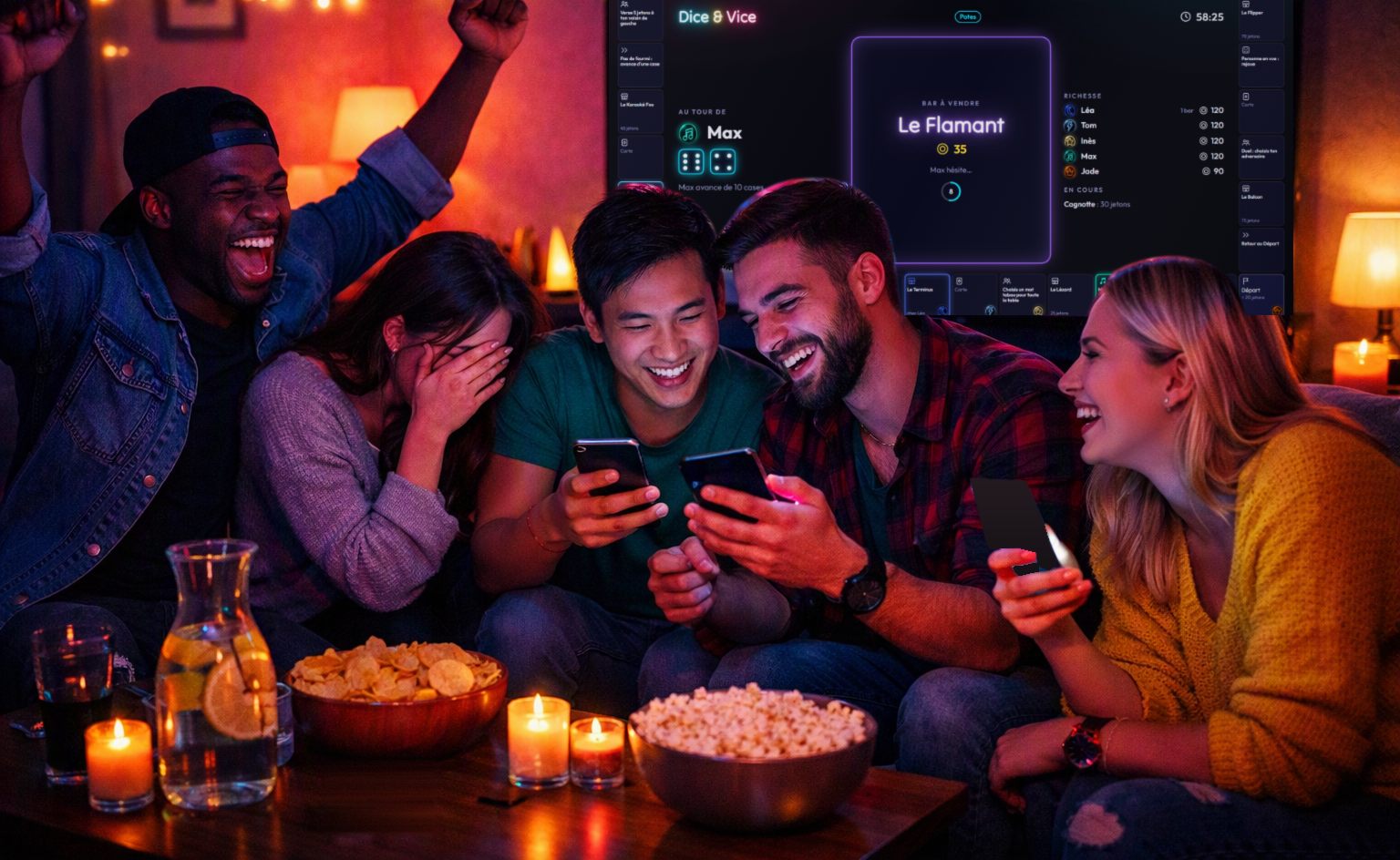 Cinq amis rient sur un canapé, téléphones en main, devant la télé qui affiche le plateau de Dice & Vice