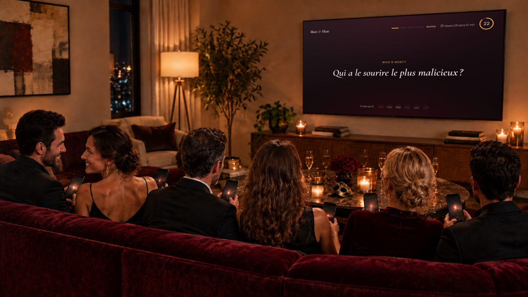 Six invités sur un canapé, chacun sur son téléphone, face à la télé qui affiche la question Who's Most? de Meet & Heat